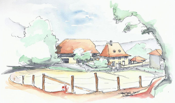 Painting titled "chabons-maisons-dau…" by Jean-François Bertrand, Original Artwork, Watercolor