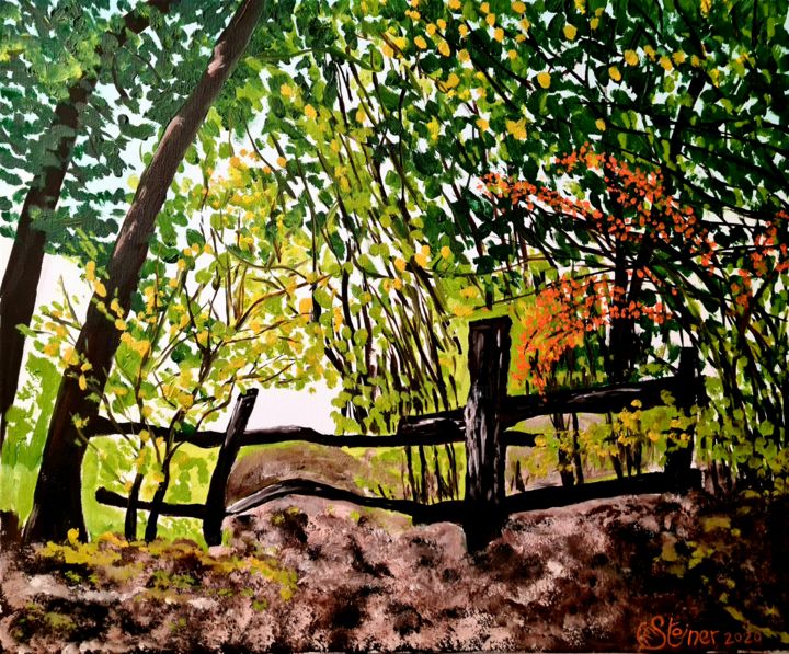 Ζωγραφική με τίτλο "Balade en forêt" από Fred Steiner, Αυθεντικά έργα τέχνης, Λάδι Τοποθετήθηκε στο Τσάντα καμβά