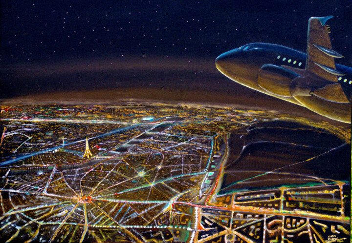 Painting titled "Paris by Flight" by J.Lemki, Original Artwork, Acrylic