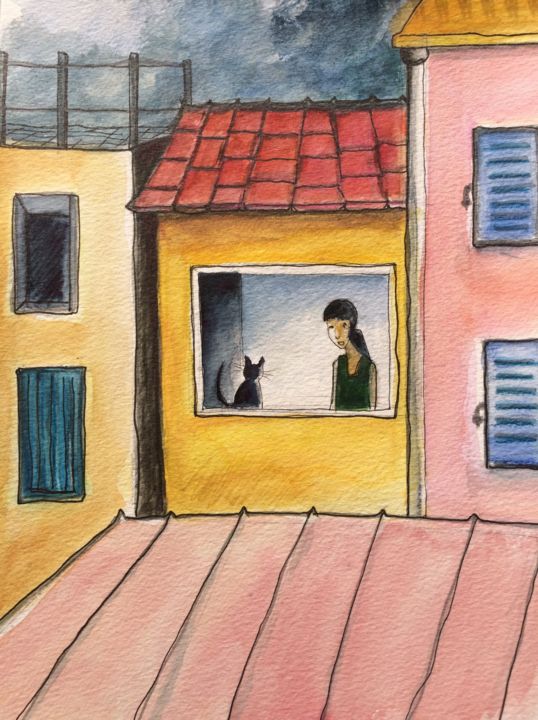 Rysunek zatytułowany „La dame au chat” autorstwa Jeannelou, Oryginalna praca