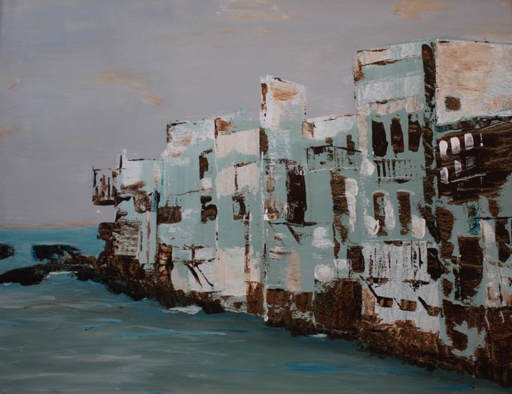Painting titled "dorp aan zee" by J.M. Mondria, Original Artwork, Acrylic