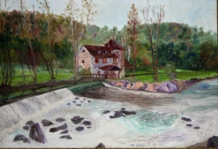 Painting titled "Moulin sur la Creuse" by J-Ph Verselin, Original Artwork, Oil Mounted on Wood Stretcher frame