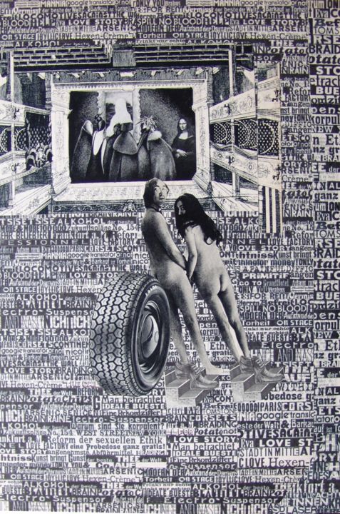 Collagen mit dem Titel "Mona Lisa with tire" von Jaroslav Seibert, Original-Kunstwerk