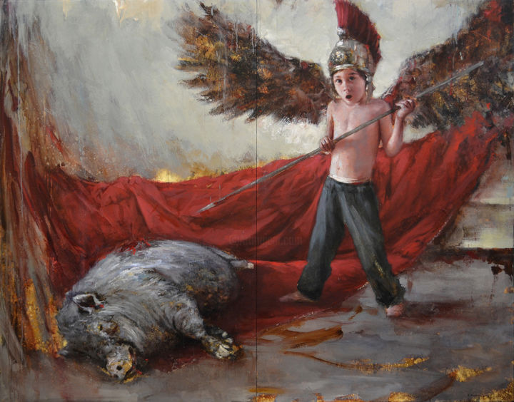 Painting titled "Muerte al cerdo" by Antonio Cavagnaro, Original Artwork, Oil