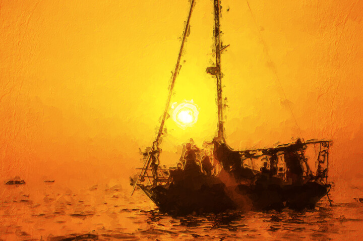 Digital Arts titled "Sailboat sunset" by Jacek Dudziński, Original Artwork, Digital Painting