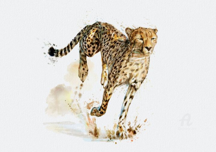 Painting titled "The running cheetah" by Jack Luo, Original Artwork, Watercolor Mounted on Wood Stretcher frame