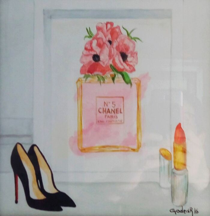 Painting titled "CHANEL3" by Jackie Godenir, Original Artwork, Watercolor Mounted on Cardboard