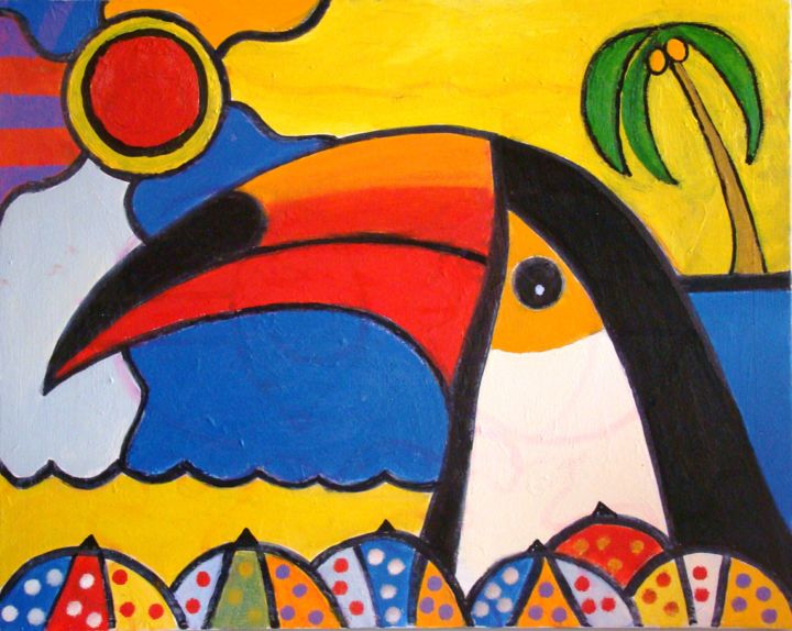 Painting titled "tucano na praia" by Jack Mast, Original Artwork, Oil