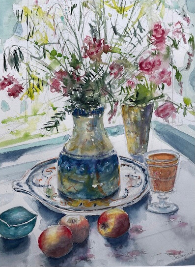 Peinture intitulée "Le vase de fleurs d…" par Jacky Bellaguet, Œuvre d'art originale, Aquarelle