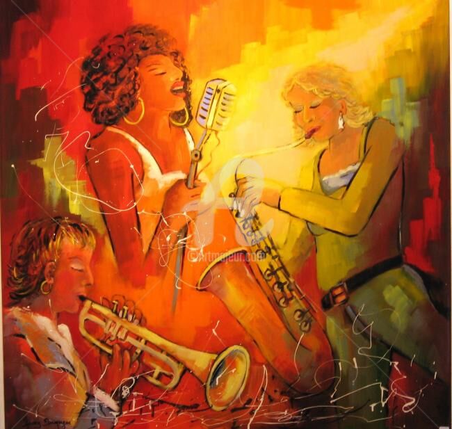 Painting titled "Jazz and Voice Music" by Jacky Dumergue, Original Artwork, Oil