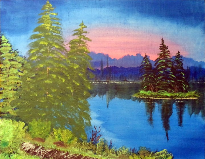 Peinture intitulée "îlot sur le lac" par Jacky Monka, Œuvre d'art originale, Huile