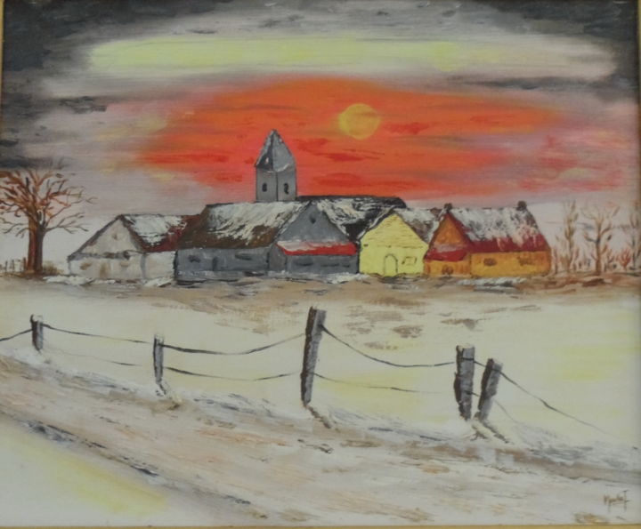 Pittura intitolato "village-hiver" da Jacky Monka, Opera d'arte originale