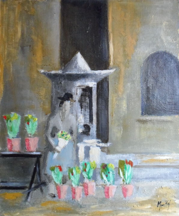 Картина под названием "marche-aux-fleurs.j…" - Jacky Monka, Подлинное произведение искусства, Масло