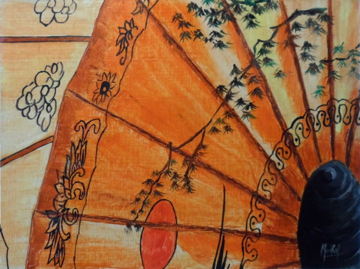 Peinture intitulée "Parapluie Japonais" par Jacky Monka, Œuvre d'art originale, Huile