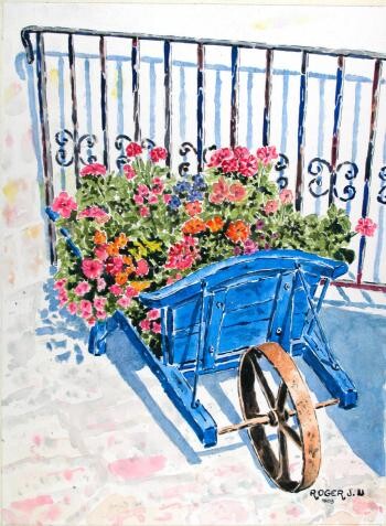 Peinture intitulée "La brouette fleurie." par Jacky Roger, Œuvre d'art originale, Huile