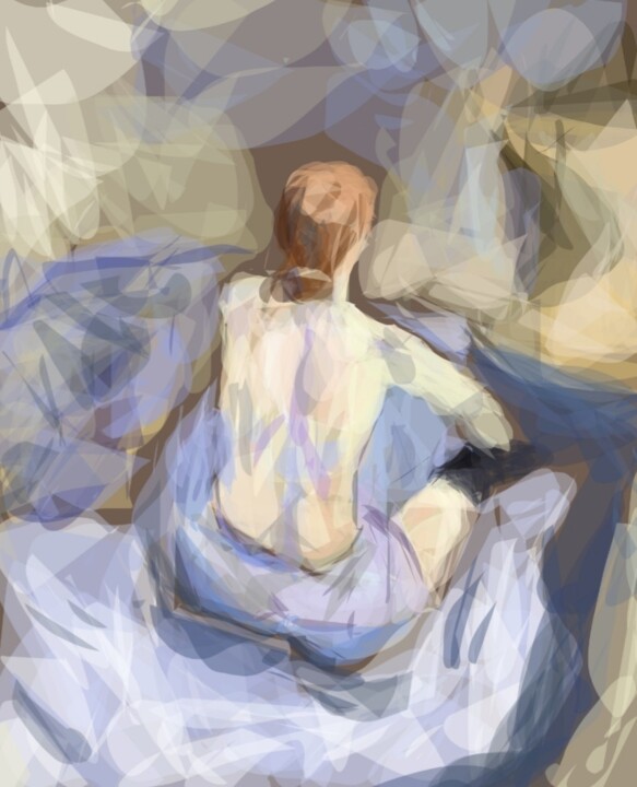 Digital Arts titled "Assise sur le lit" by Jacky Patin, Original Artwork, Digital Painting
