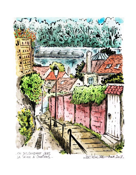 Картина под названием "Escaliers -Conflans…" - Jacques Lelievre, Подлинное произведение искусства, Акварель
