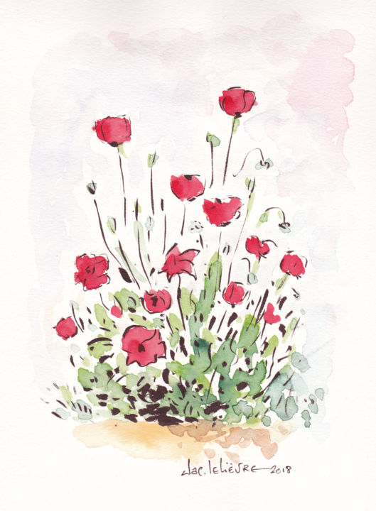 Painting titled "Coquelicots" by Jacques Lelievre, Original Artwork, Watercolor