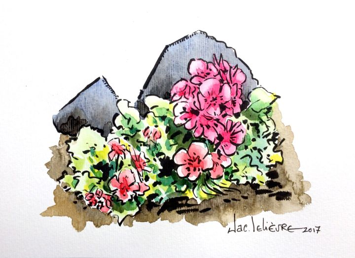 Painting titled "Fleurs et ardoises" by Jacques Lelievre, Original Artwork, Watercolor