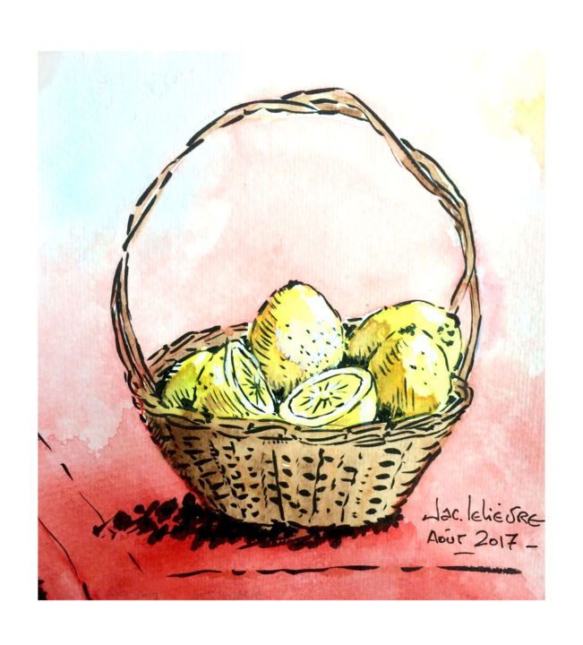 Malerei mit dem Titel "Citrons" von Jacques Lelievre, Original-Kunstwerk, Aquarell