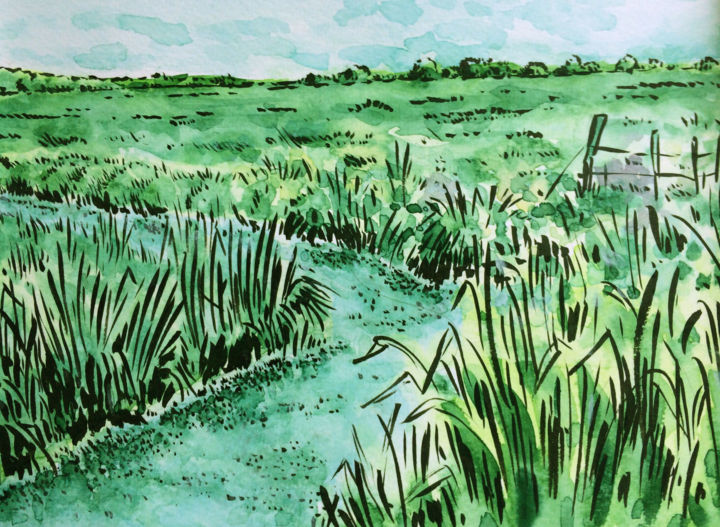 Painting titled "Marais de Loire" by Jacques Lelievre, Original Artwork, Watercolor