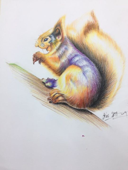 Desenho intitulada "Squirrel" por Jacob Tham Kai Yang, Obras de arte originais, Lápis