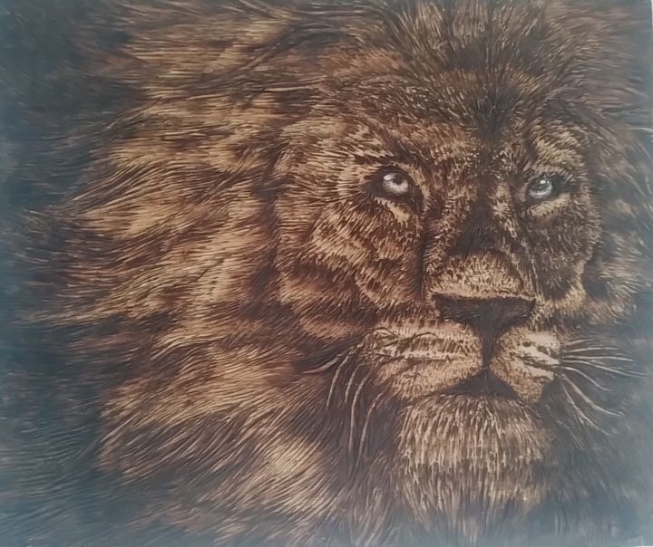 Impressões e gravuras intitulada "Lion// pyrographe" por Jacopo Bove, Obras de arte originais, Gravação