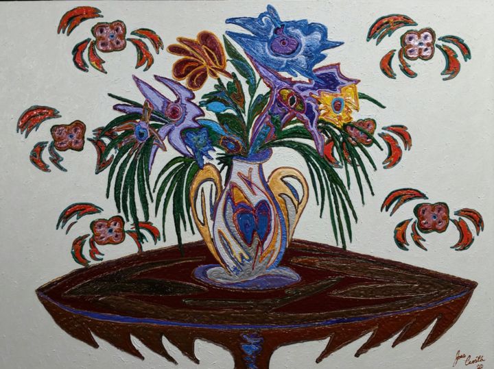 「Flowers and Vase」というタイトルの絵画 Jose Acostaによって, オリジナルのアートワーク, アクリル ウッドストレッチャーフレームにマウント