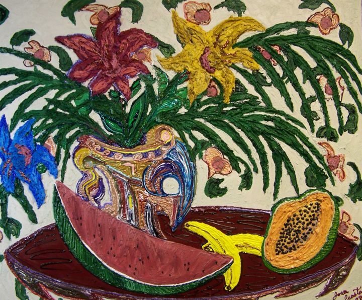 Painting titled "Fruits of His Labor" by Jose Acosta, Original Art, Acrylic Mounted on Stretcher frame