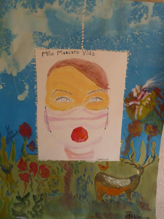 Painting titled "Miss Mascaro Vida" by Jacqueline Claux (Jaklinclo), Original Artwork, Watercolor Mounted on Cardboard