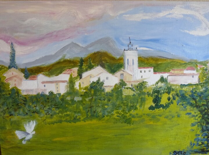 Peinture intitulée "Mon village en Rous…" par Jacqueline Claux (Jaklinclo), Œuvre d'art originale, Huile