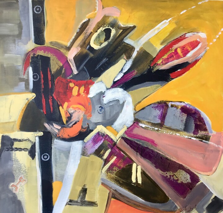 Malerei mit dem Titel "Composition jaune" von Jacqueline Faubert, Original-Kunstwerk, Acryl