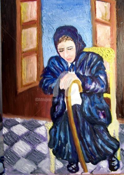 Peinture intitulée "la dame à sa fenêtre" par Jacqueline Sarah Uzan, Œuvre d'art originale, Huile