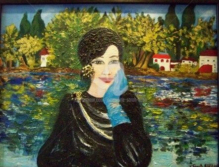 Painting titled "la dame au gant bleu" by Jacqueline Sarah Uzan, Original Artwork, Oil