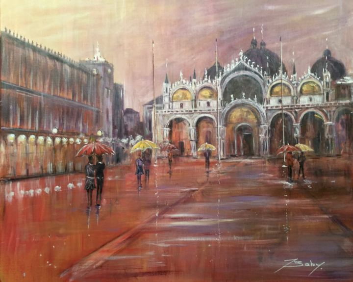 Painting titled "Venise place Saint…" by Jacqueline Baby, Original Artwork, Acrylic Mounted on Wood Stretcher frame