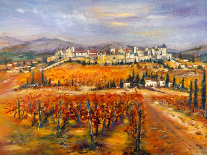 Painting titled "Carcassonne" by Jacqueline Baby, Original Artwork, Acrylic Mounted on Wood Stretcher frame
