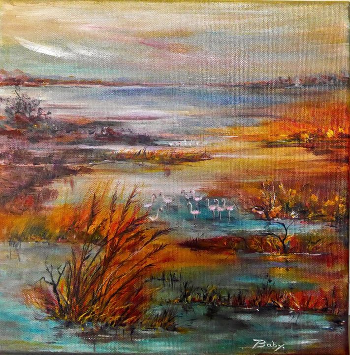 Peinture intitulée "Les flamants   #Art…" par Jacqueline Baby, Œuvre d'art originale, Acrylique Monté sur Châssis en bois