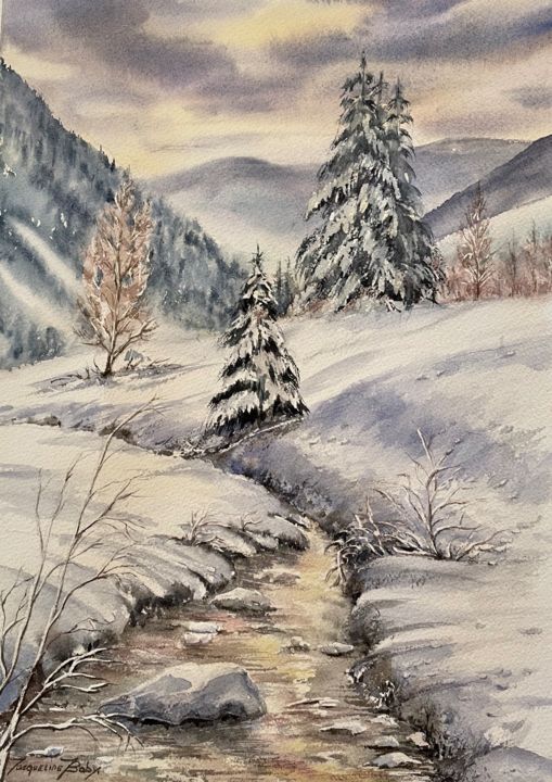 Painting titled "Au fond du vallon" by Jacqueline Baby, Original Artwork, Watercolor Mounted on Cardboard