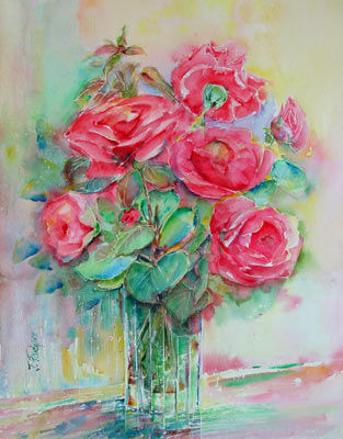 Painting titled "QUELQUES ROSES ROUG…" by Jacqueline Fontaine, Original Artwork