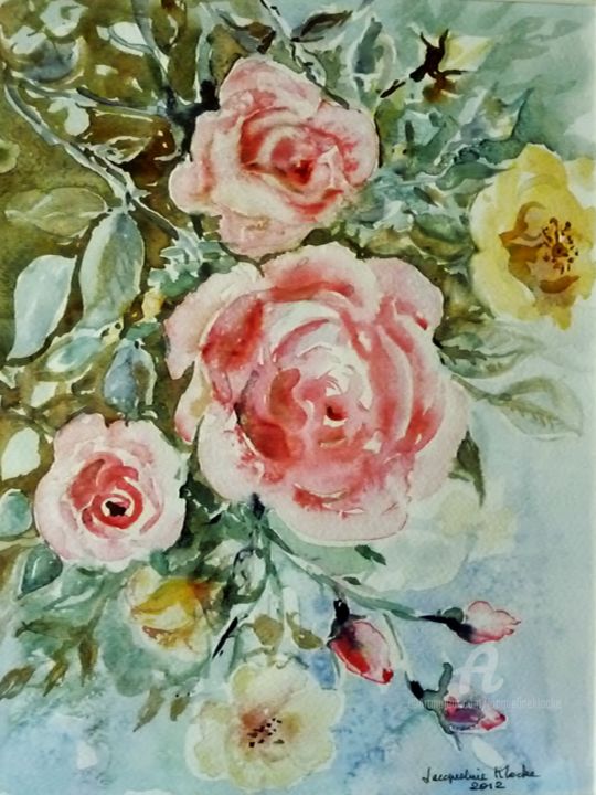 Pittura intitolato "Roses du jardin." da Jacqueline Klocke, Opera d'arte originale, Acquarello