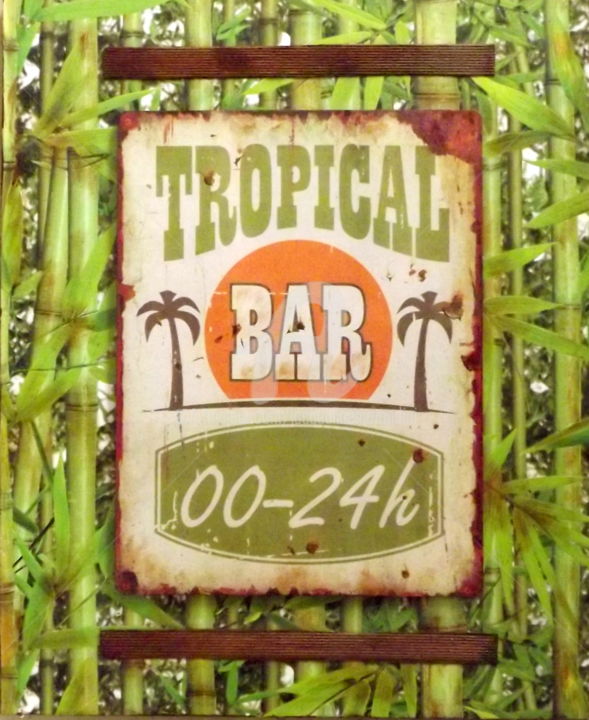 Collages titled "Ambiance tropicale" by Jacqueline Morandini, Original Artwork, Collages Mounted on Wood Stretcher frame
