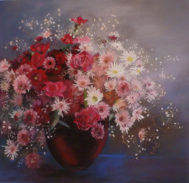 Pittura intitolato "Roses et Chrysanthè…" da Jacqueline Printemps, Opera d'arte originale, Pastello