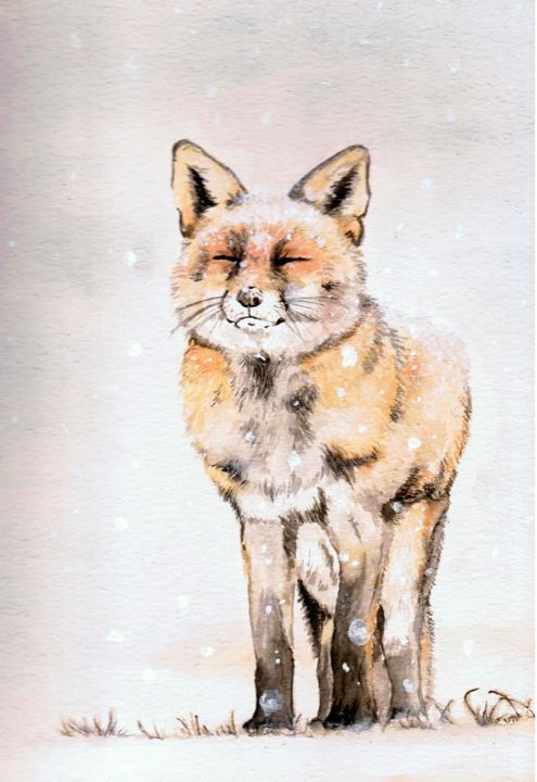 Painting titled "fox's first snow" by Jacqueline Siebenbrock, Original Artwork, Watercolor