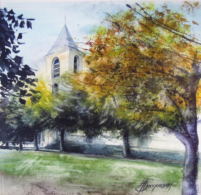 Pintura intitulada "L'Eglise de D'Huison" por Marie-Claude Jacquemard, Obras de arte originais, Óleo