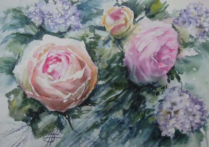 Peinture intitulée "ROSES ET LILAS" par Marie-Claude Jacquemard, Œuvre d'art originale, Huile