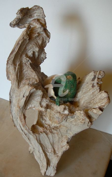 Sculptuur getiteld "Jurassique  Jurassic" door Jacques Bourdon (JAQ), Origineel Kunstwerk, Hout