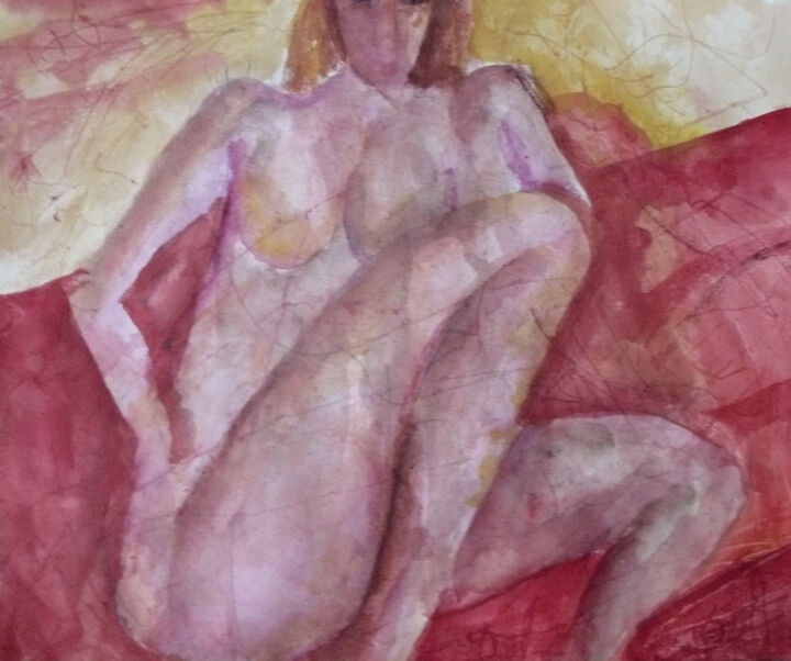 Painting titled "NU A LA COUVERTURE…" by Jacques Donneaud, Original Artwork, Watercolor