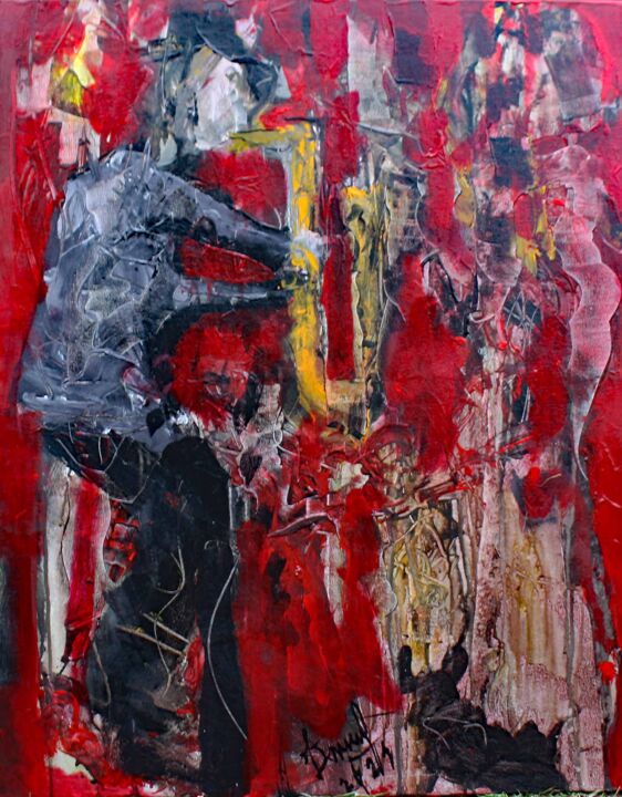 Painting titled "SAXOPHONISTE ET SON…" by Jacques Donneaud, Original Artwork, Acrylic Mounted on Wood Stretcher frame