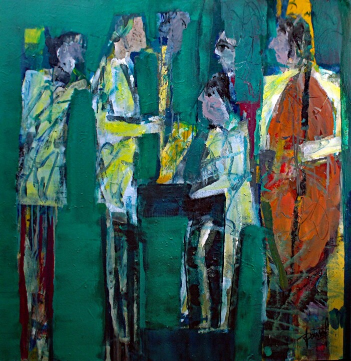 Painting titled "QUARTET JAZZ" by Jacques Donneaud, Original Artwork, Acrylic Mounted on Wood Stretcher frame