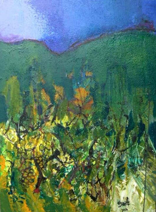 제목이 "vignoble en lubéron"인 미술작품 Jacques Donneaud로, 원작, 아크릴 나무 들것 프레임에 장착됨